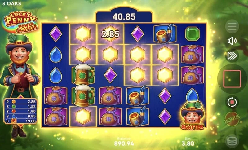 Lucky Penny Power Scatter - základná hra s kaskádovými zmizeniami a kumulatívnym násobiteľom